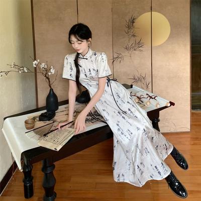  Damen Chinesischer Stil Verbesserter Nationalstil Tintendruck Cheongsam Kleid Temperamentkleid