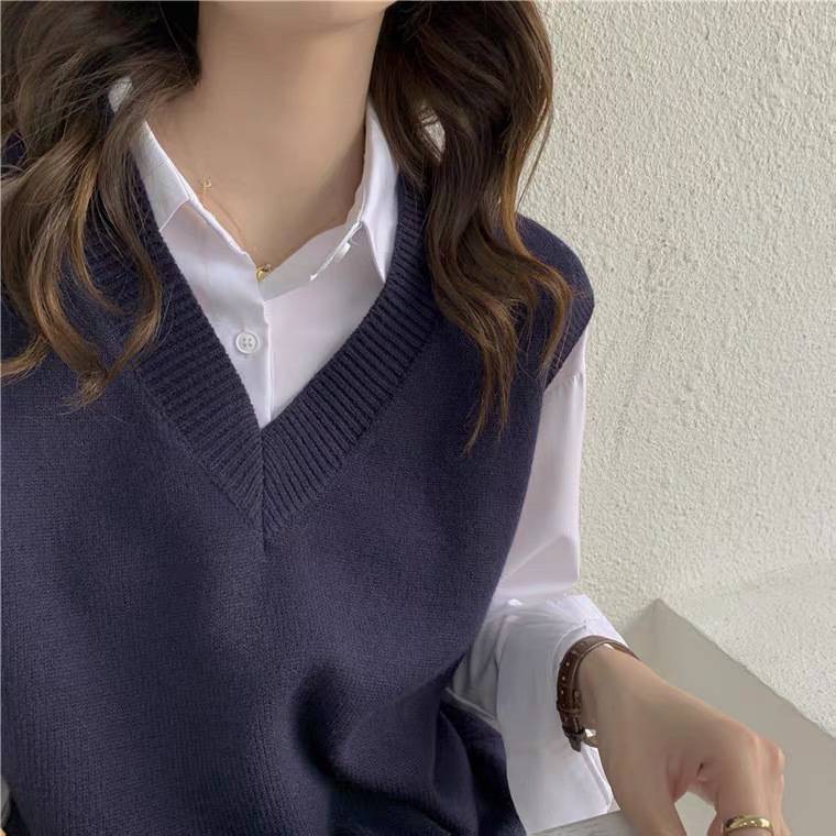 Spring Autumn Versatile Women's Knit Vest Outer Wear Japanese Style Loose Outer Layer V-Neck Sweater Vest