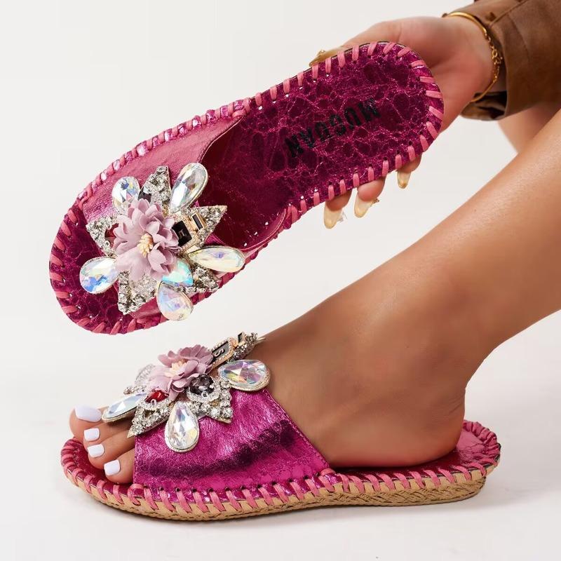 Rhinestone flower one-word women's new fashion flat-bottom drag gentle temperament slippers