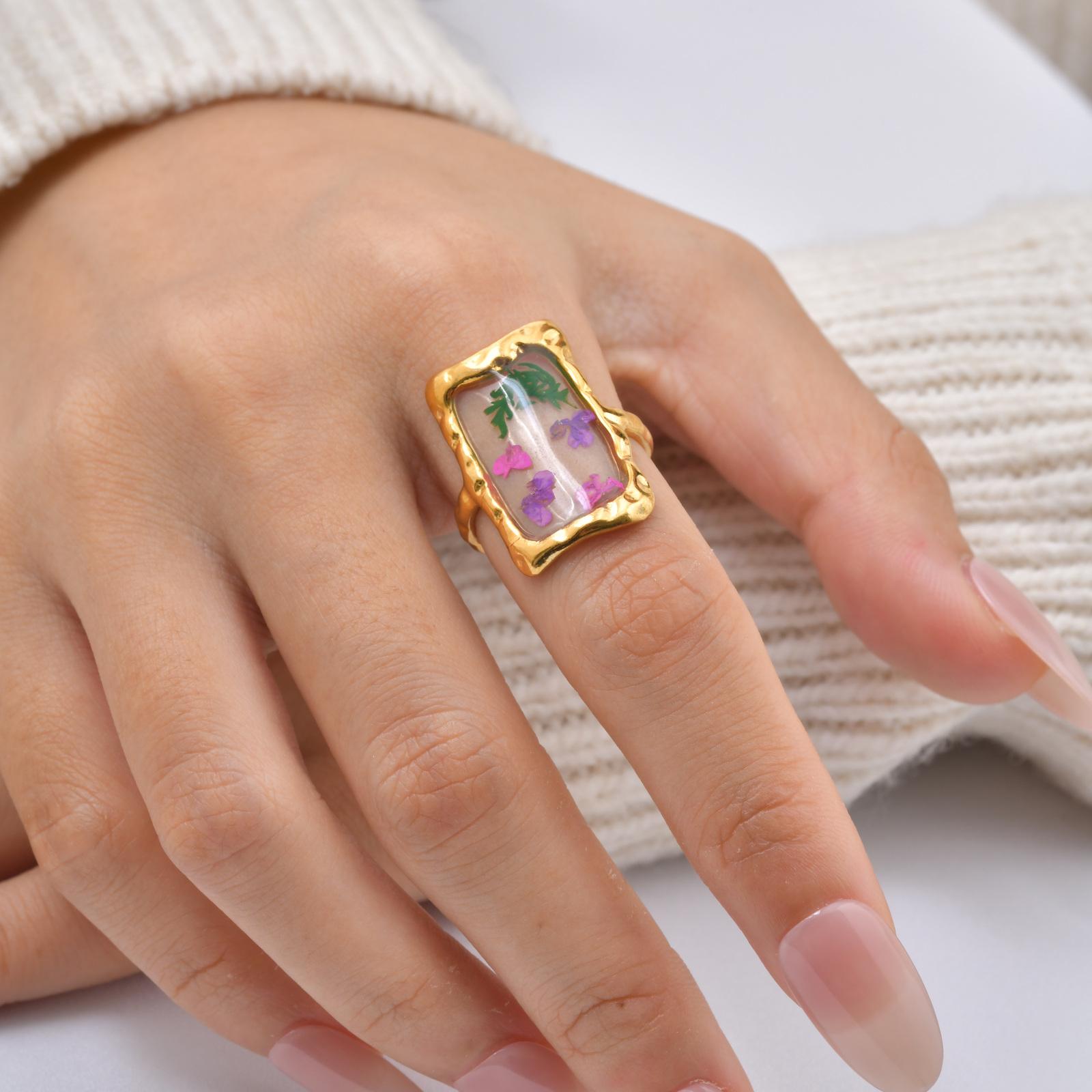 

Stainless Steel Rings for Women Unique Flower Resin Jewelry, Dainty Geometric Open Stackable Rings Vintage Waterproof