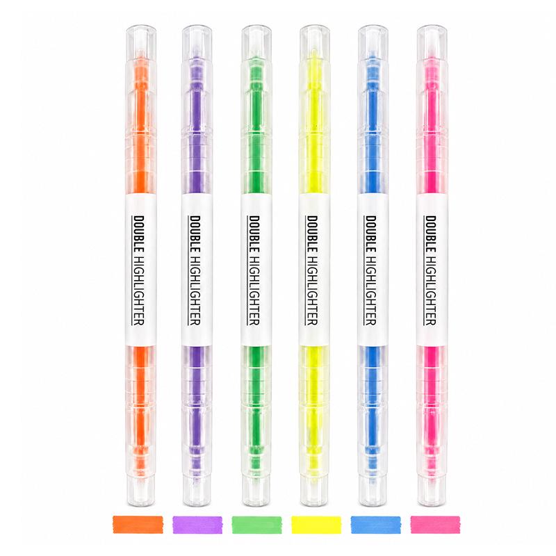 6-Color Double-Ended Fluorescent Highlighter Pen Set with Oblique Tips for Students and DIY Projects