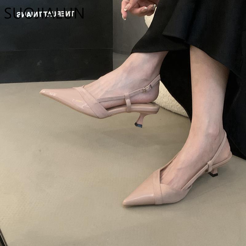 Fashion SUOJIALUN 2025 Summer New Brand Women Sandal Fashion Pointed Toe Shallow Slip On Mules Shoes Thin Med Heel Dress Pumps Shoes