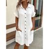 Abito casual da donna taglie forti tinta unita cotone lino monopetto lunghezza media manica corta bavero ampio vestito a camicia