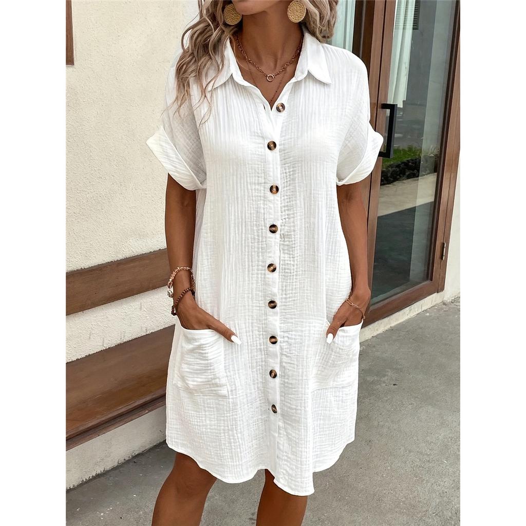Abito casual da donna taglie forti tinta unita cotone lino monopetto lunghezza media manica corta bavero ampio vestito a camicia