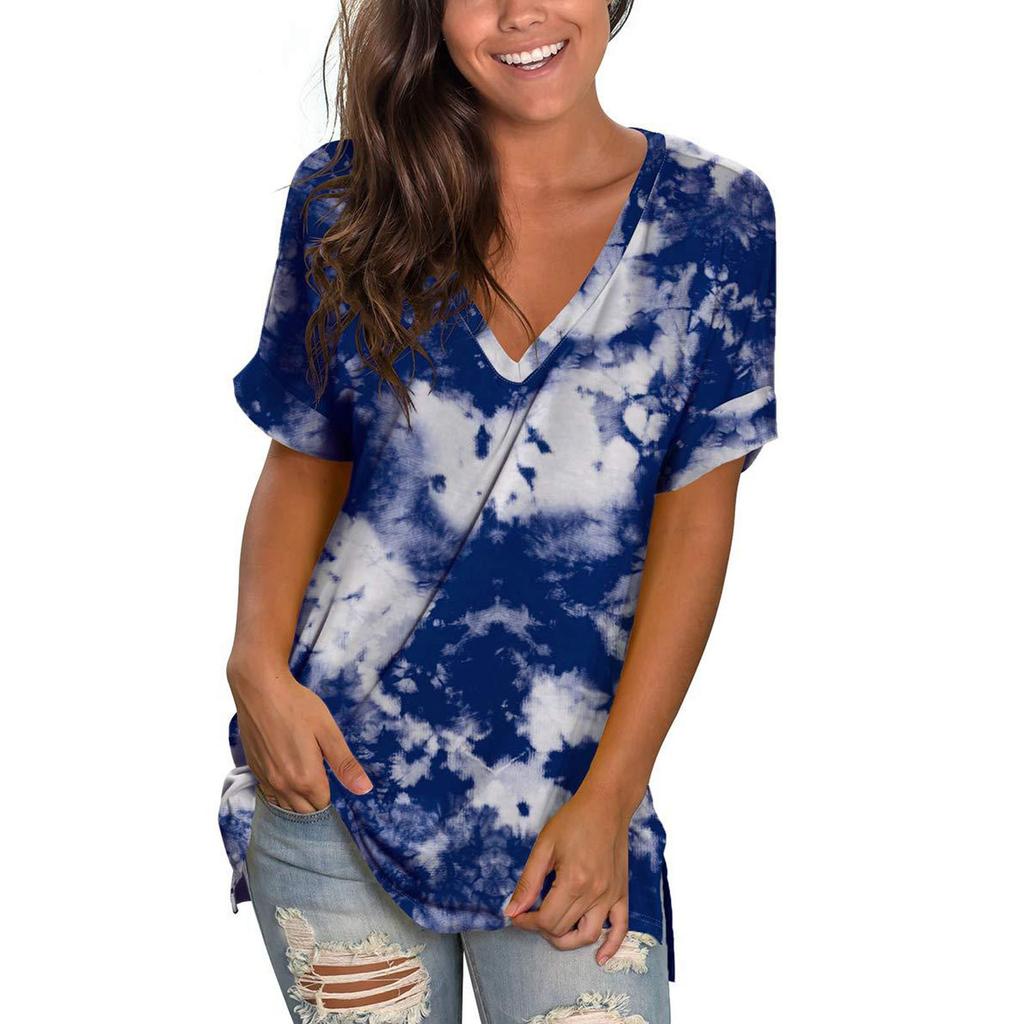 Womens Casual V-Neck Short Sleevein Tie-dye T-Shirt Summer Tops With Pocket