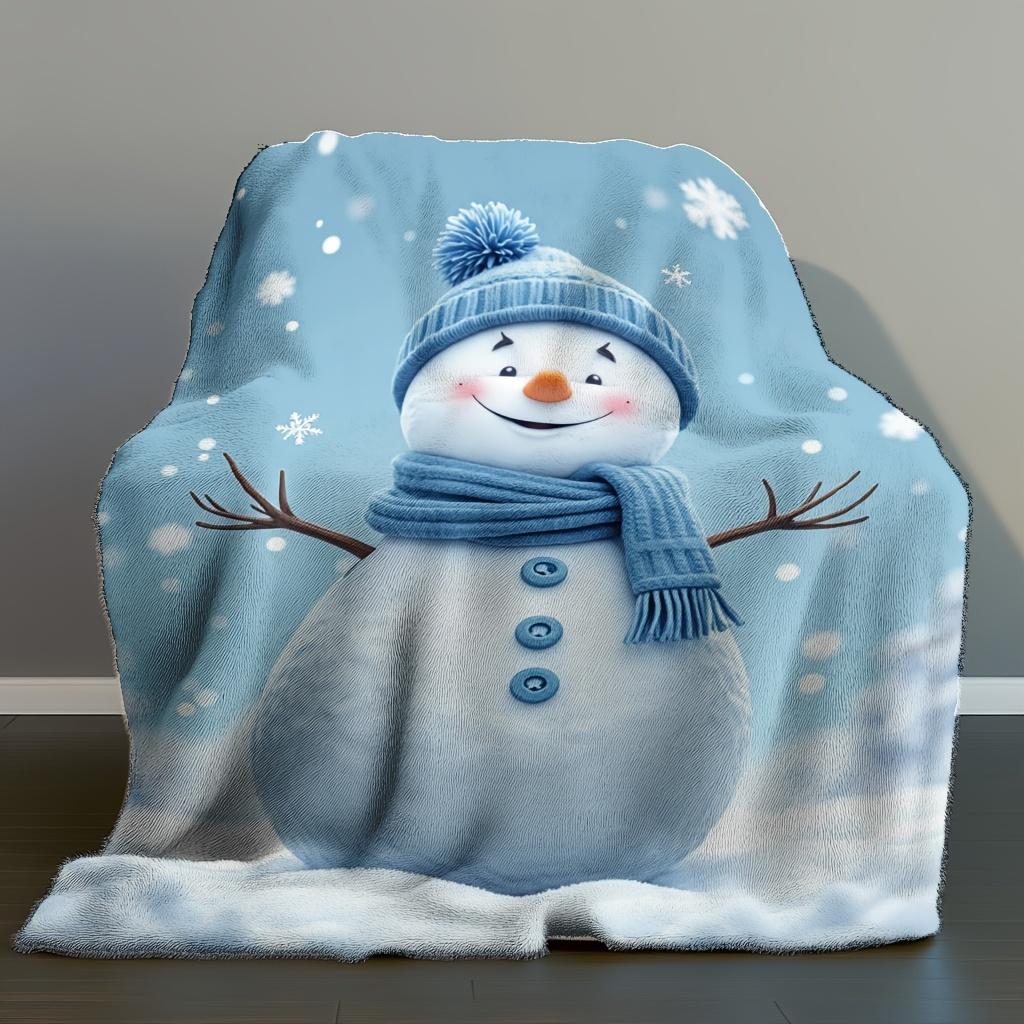 1pc Plush Flannel Throw Blanket - Retro Christmas Snowman Print with Blue Hat & Scarf, Soft All-Season Cozy Blanket for Sofa