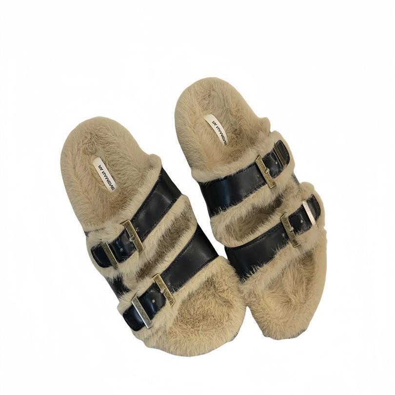 2025 New Autumn and Winter Thick-soled Retro Fluffy Slippers Women's Shoes Wear Warm Cotton Slippers