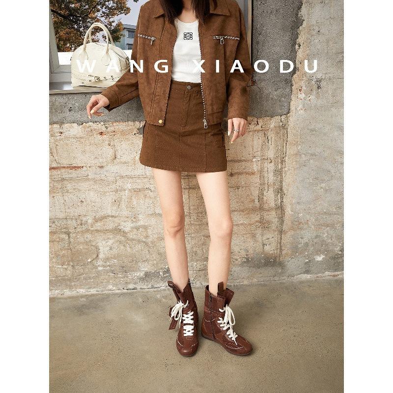 Cowhide~ Wang Xiaodu inner height increase 5cm boots Maillard short boots women's sports retro Martin boots boxing boots