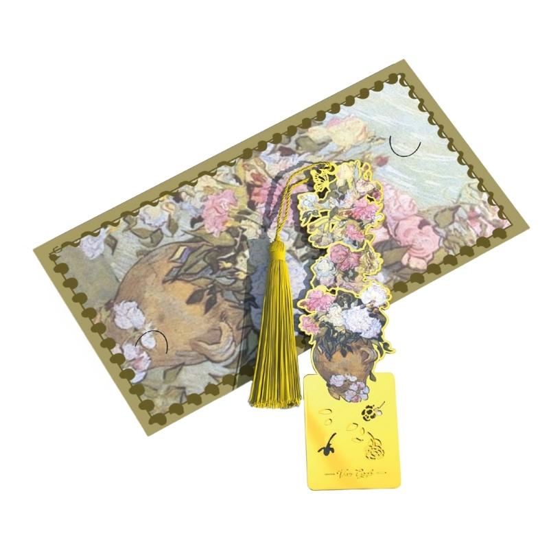 Oil Painting Metal Bookmarks with Tassels Book Page Marker Hollowed Flower Engraved Bookmarks Gifting for Book Lover