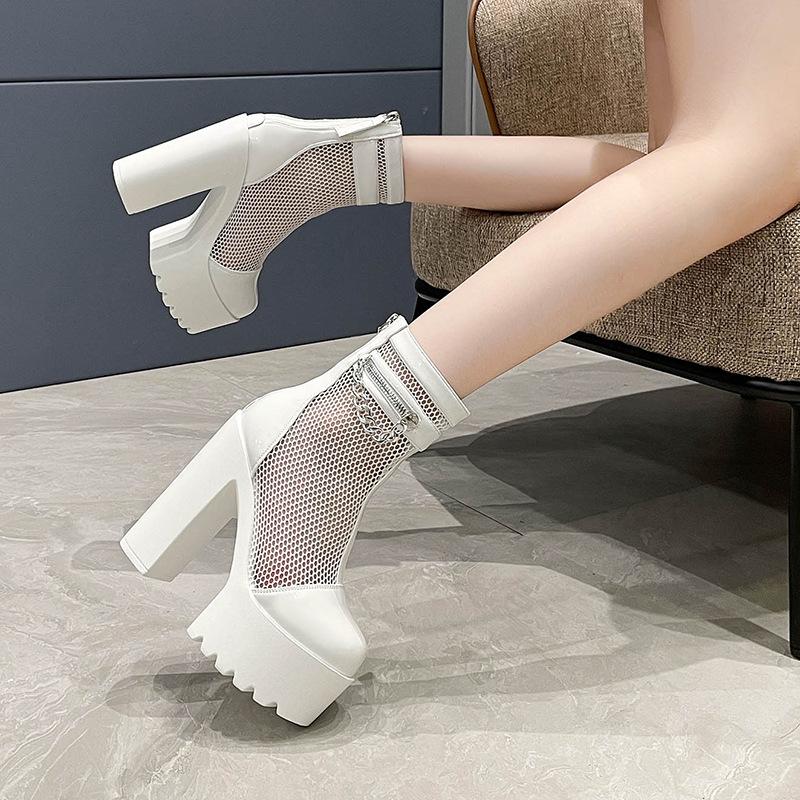 Fashion Open Toe Sexy High Heels Boots Women Fetish Air Mesh Platform Boots For Summer Breathable Gothic Nightclub Shoes Bride
