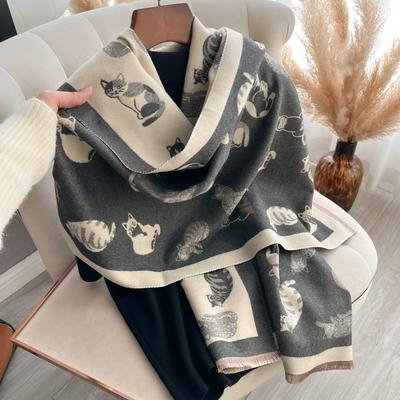 Luxus Winter Kätzchen Beidseitige Kaschmir Jacquard Schals Hohe Qualität Damen Verdickter Wickel Schal Damen Wolle Pashmina Schal