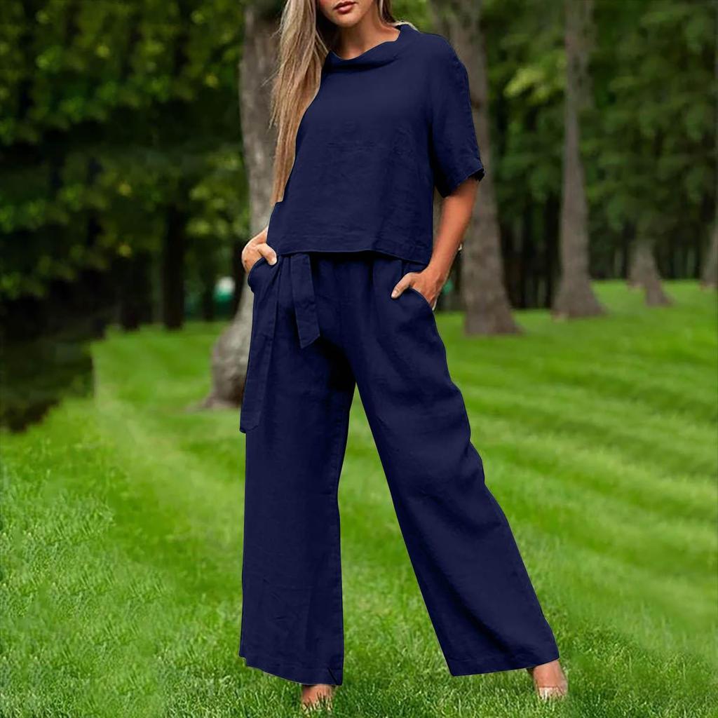 European & American Plus Size Women's Casual Summer Two-Piece Set with Short Sleeve Round Neck