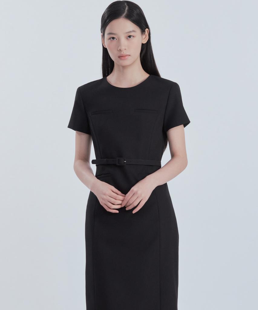 Mausolleum Belted Round Neck Long Suit Dress - Black
