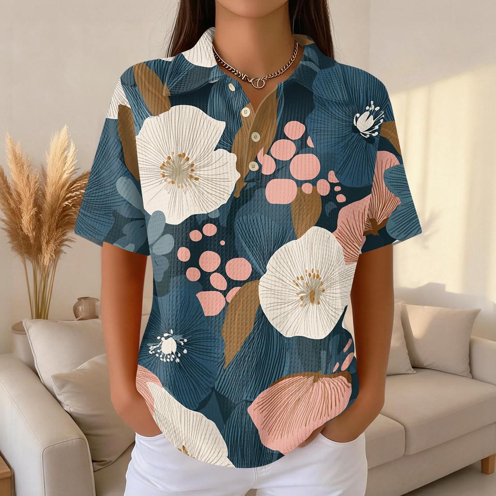Women's Casual Short Sleeve Retro Floral Print Waffle Knit Polo Shirt Button Down Top with Classic Collar for Everyday Wear