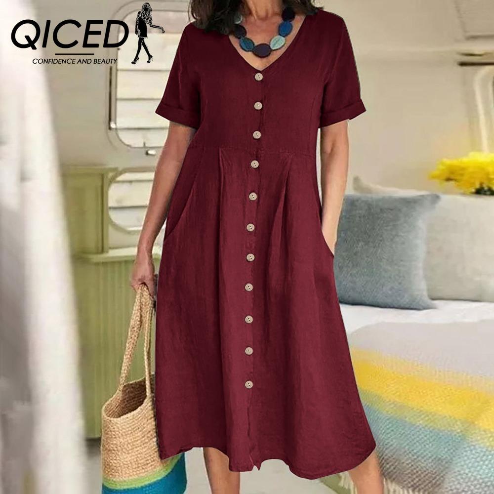 QICED Women Summer Casual Cotton V-Neck Short Sleeve Button Dress