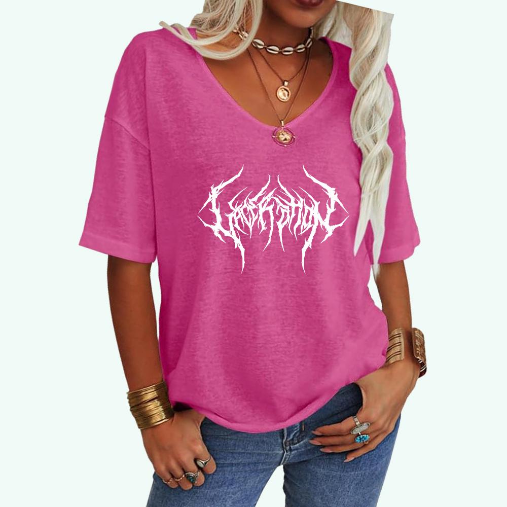 

Женская модная футболка с принтом, свободная, летняя, с V-образным вырезом, женская повседневная футболка с коротким рукавом XXL розовый