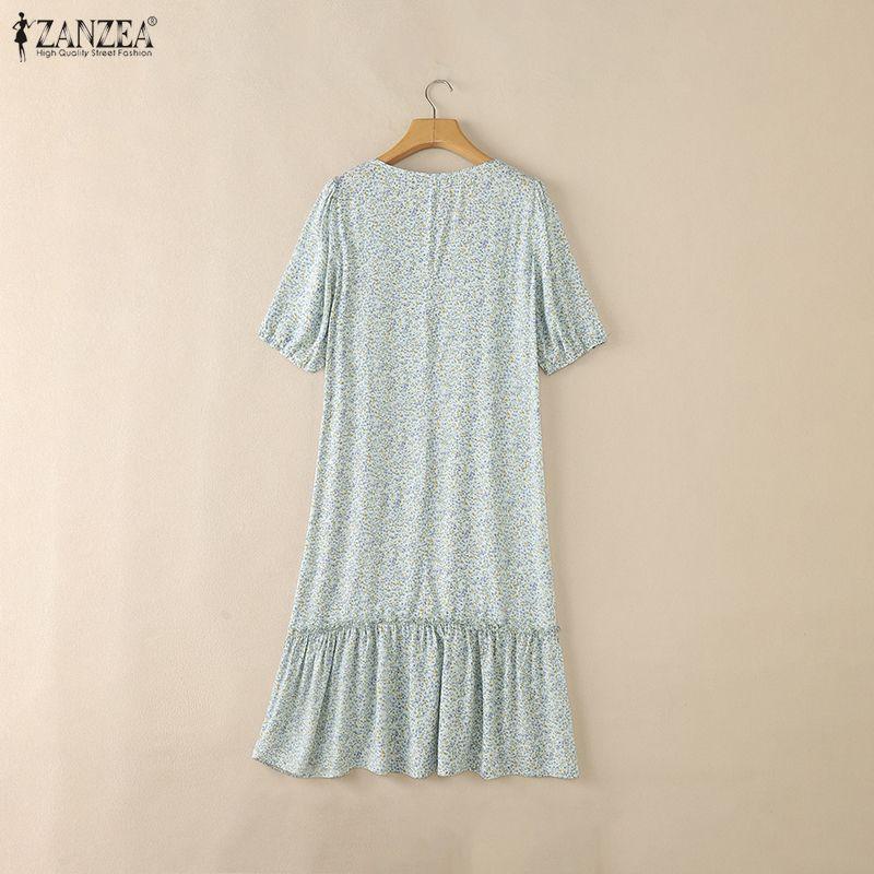 ZANZEA Women Casual Square Collar Summer Short Sleeve Floral Dress
