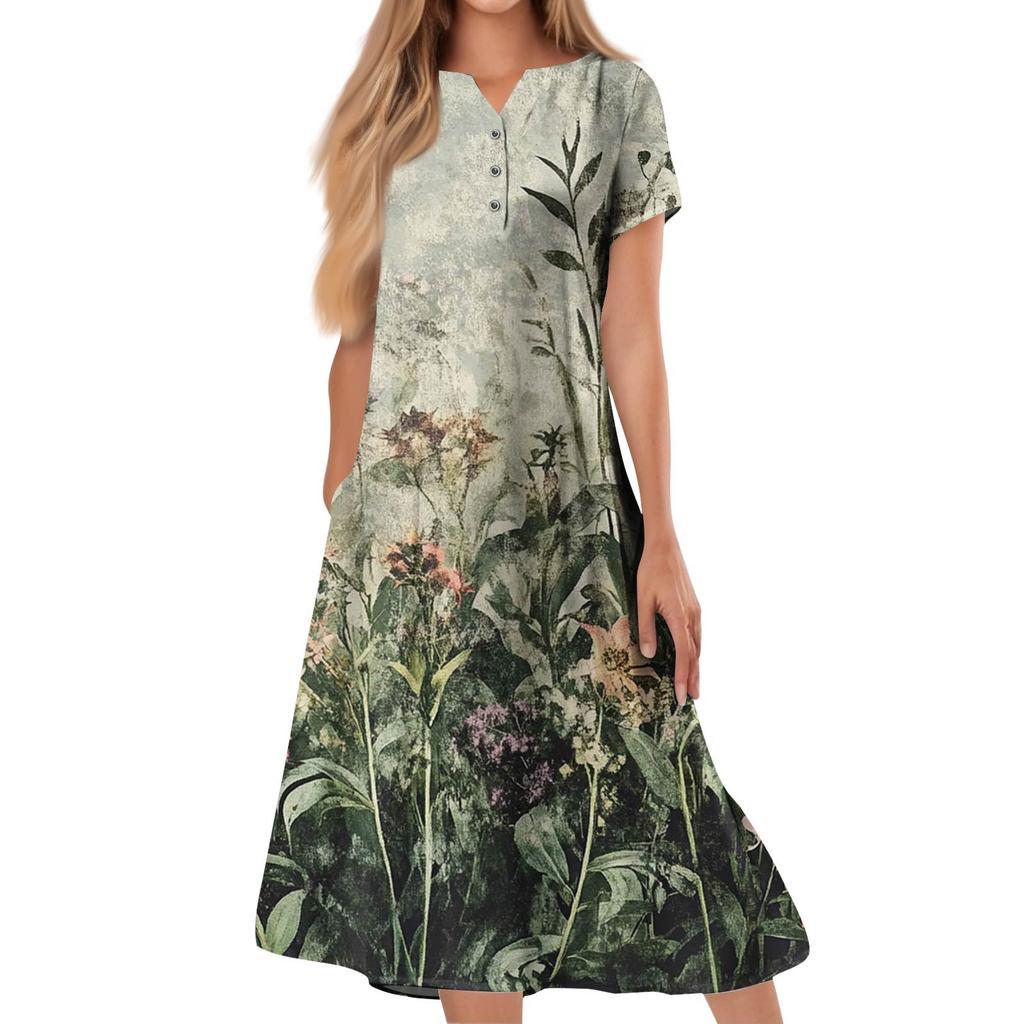 Women's Summer  Printed V-Neck Short-Sleeve Swing Dress