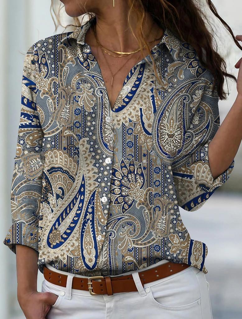 Women's Shirt Blouse Butterfly Gradient Printing Button Long Sleeve Casual Fashion Standing Collar Spring and Autumn Blouse