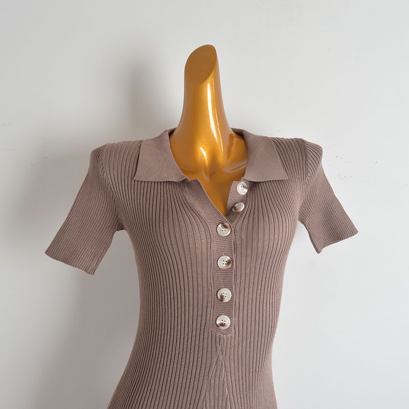 Solid Polo Lapel Short Sleeve Knitted Dress Women Clothes Royal Sister Style Summer Waist Hugging Slimming Sheath One-Step Skirt