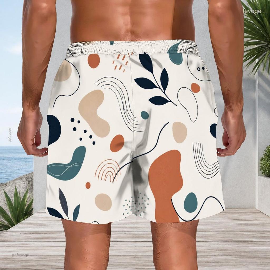 Men Plus Size Colorful Printed Beach Shorts Drawstring Waist Side Pockets Straight Leg