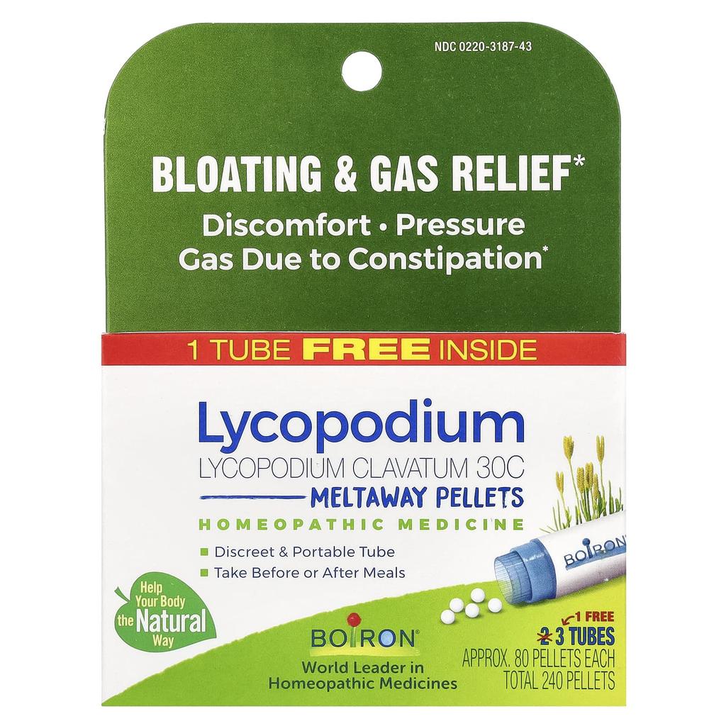 Lycopodium, Abdominal Bloating and Gas Relief, Dissolvable Pellets, 30C, 3 Tubes, 80 Pellets per Tube