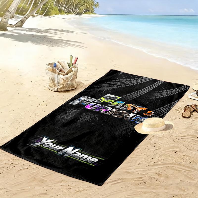 Name Custom Car Racing Fast Furious Print Beach Towel, Large Soft Quick Dry Towel for Beach Camping Swimming