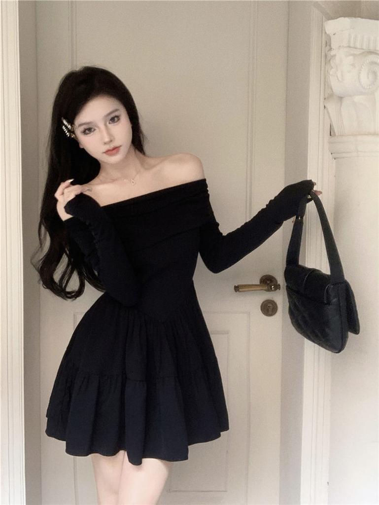 French Temperament One-word Collar A-word Short Skirt Long-sleeved Dress Women's Summer Dress Sweet Spice Girl Slim Waist Small Black Dress