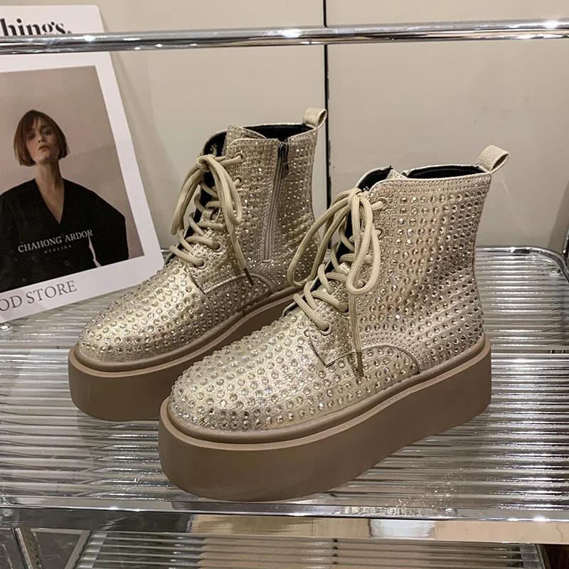 Móda Luxusní Křišťálové Platformové Kotníkové Boty Ploché Dámské Boty Zimní Tenisky 2025 Trend Designér Nové Chelsea Boty Elegantní Botas Mujer