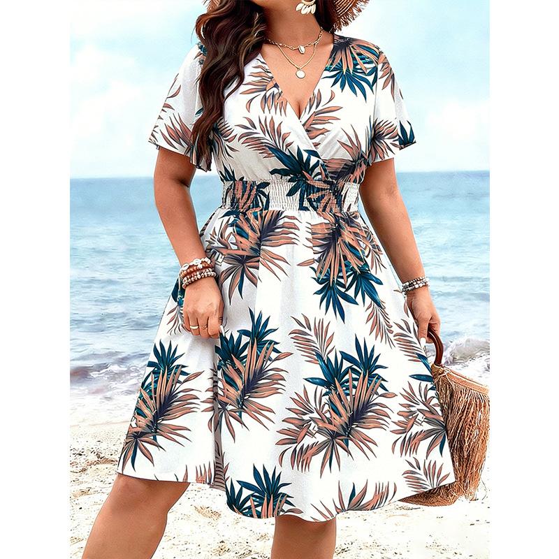 

Summer New Style Dress with Floral Print, V-neck, Fitted Waist, Beachwear Short-sleeved Long Dress 4XL білий