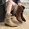 Belt Buckle Suede Thick Heel Short Boots Women's 2025 Autumn and Winter New Retro Square Head Pleated Pile Boots Western Cowboy Boots