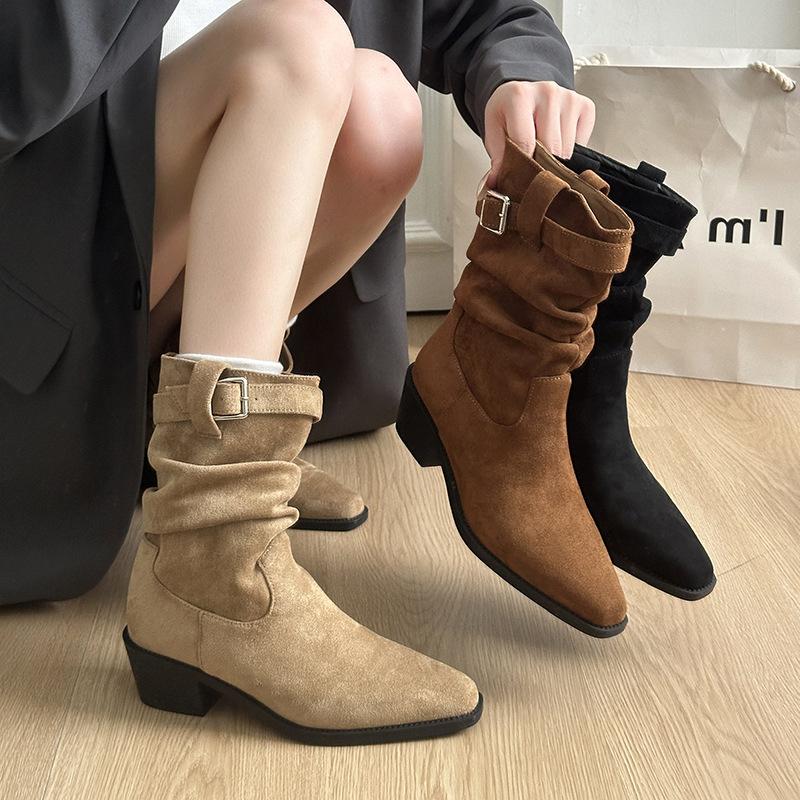 Belt Buckle Suede Thick Heel Short Boots Women's 2025 Autumn and Winter New Retro Square Head Pleated Pile Boots Western Cowboy Boots