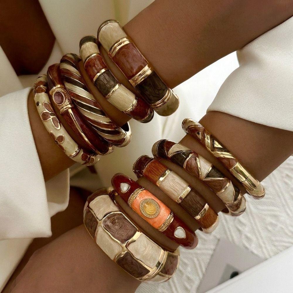 Drip Glaze Vintage Coffee Brown Enamel Wide Cuff Bracelet Stacking Open Bracelet Daily Party