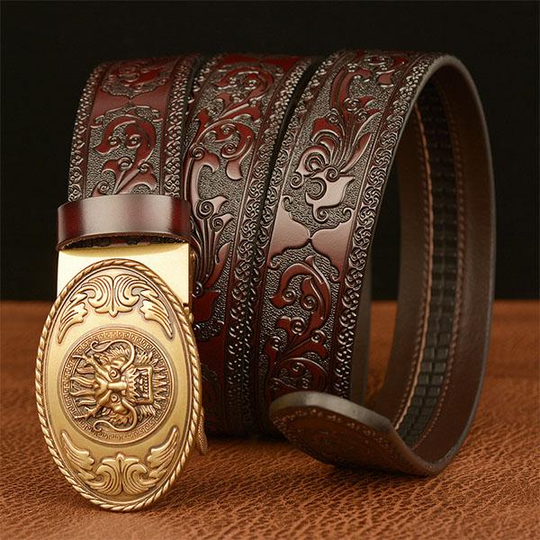 Fashion Belt Genuine Leather Belt for Men Carving Pattern Automatic Buckle Belt Strap for Jeans