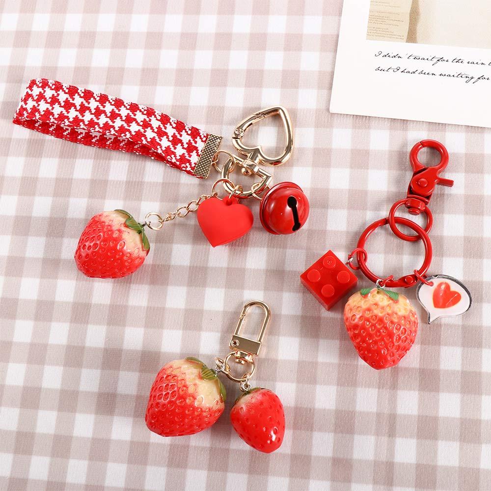 Women Jewelry Car Key Charms Strawberry Heart Keychain Backpack Pendant Key Holder Key Accessories