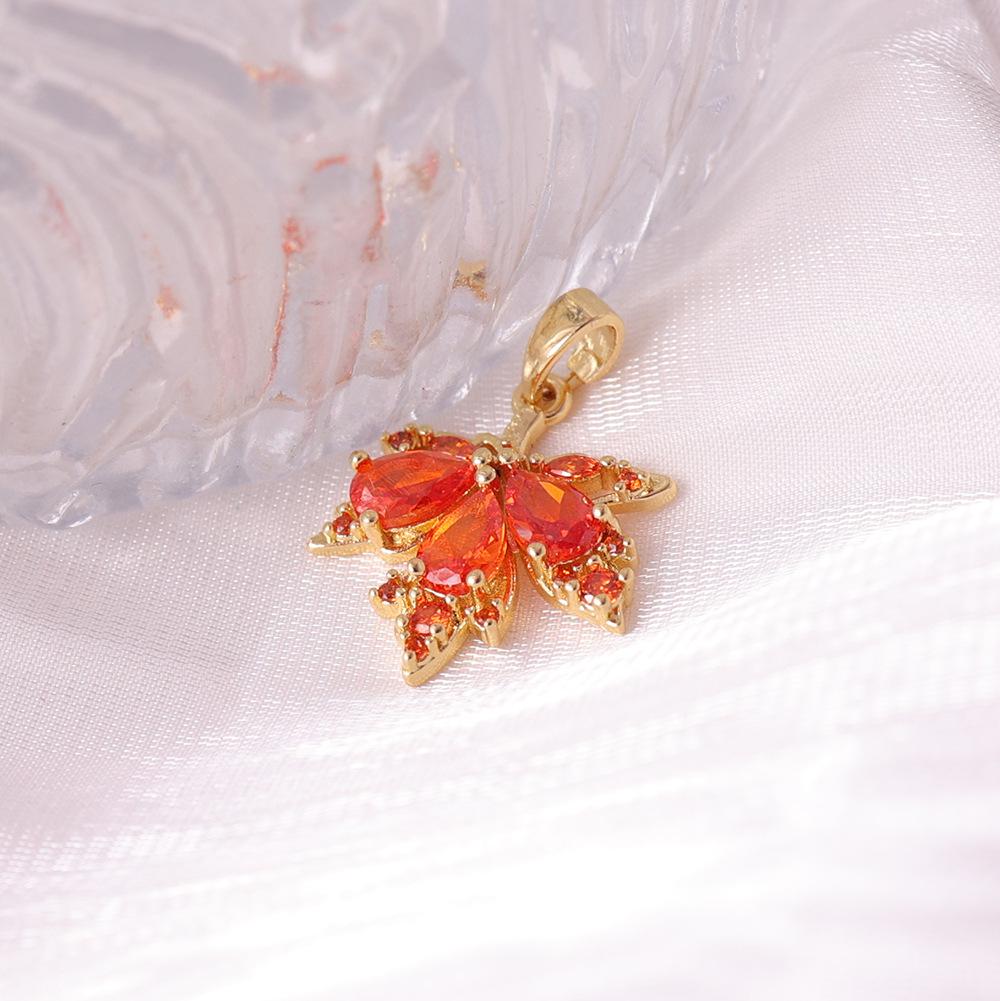 Golden Maple Leaf Pendant with Orange Cubic Zirconia for Fashionable Collarbone Chain