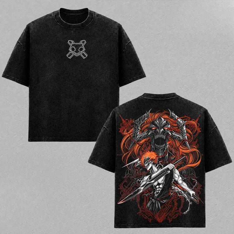 Kurosaki Ichigo BLEACH Anime Kleidung Herren Damen Oversize T-Shirts Kurzarm Gewaschenes T-Shirt Vintage Baumwolle Lässig Streetwear