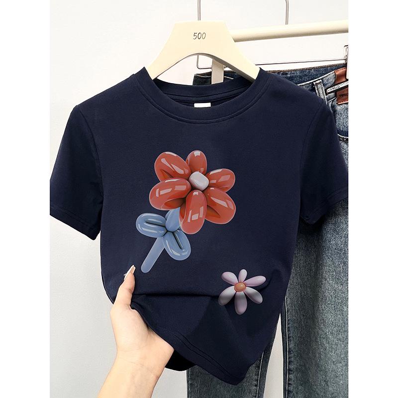

2024 Summer Floral Print Round Neck Slimming Short Sleeve Women s Top S темно-синього кольору