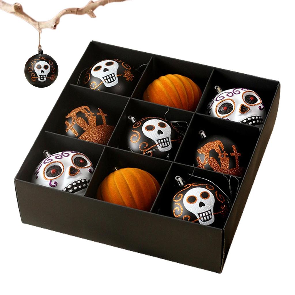 Ornements de Bal d'Halloween pour Arbre Lot de 9 Boules PVC Motif Crânes Colorés 3,14 po Boule Réutilisable Incassable Festival des Fantômes