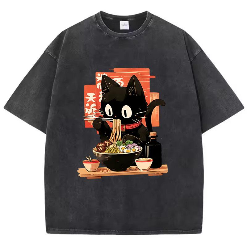 Streetwear T-Shirt Vintage Gewaschenes Baumwoll-T-Shirt Schwarz Ramen Katze Japanischer Anime-Stil Grafik-T-Shirt Lässig Frühling Sommer