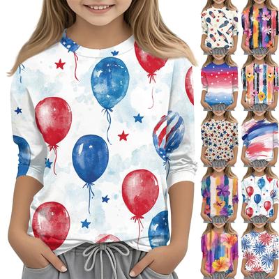 Children's 7-point Sleeve Printed Independence Day Crew-neck Casual T-shirt