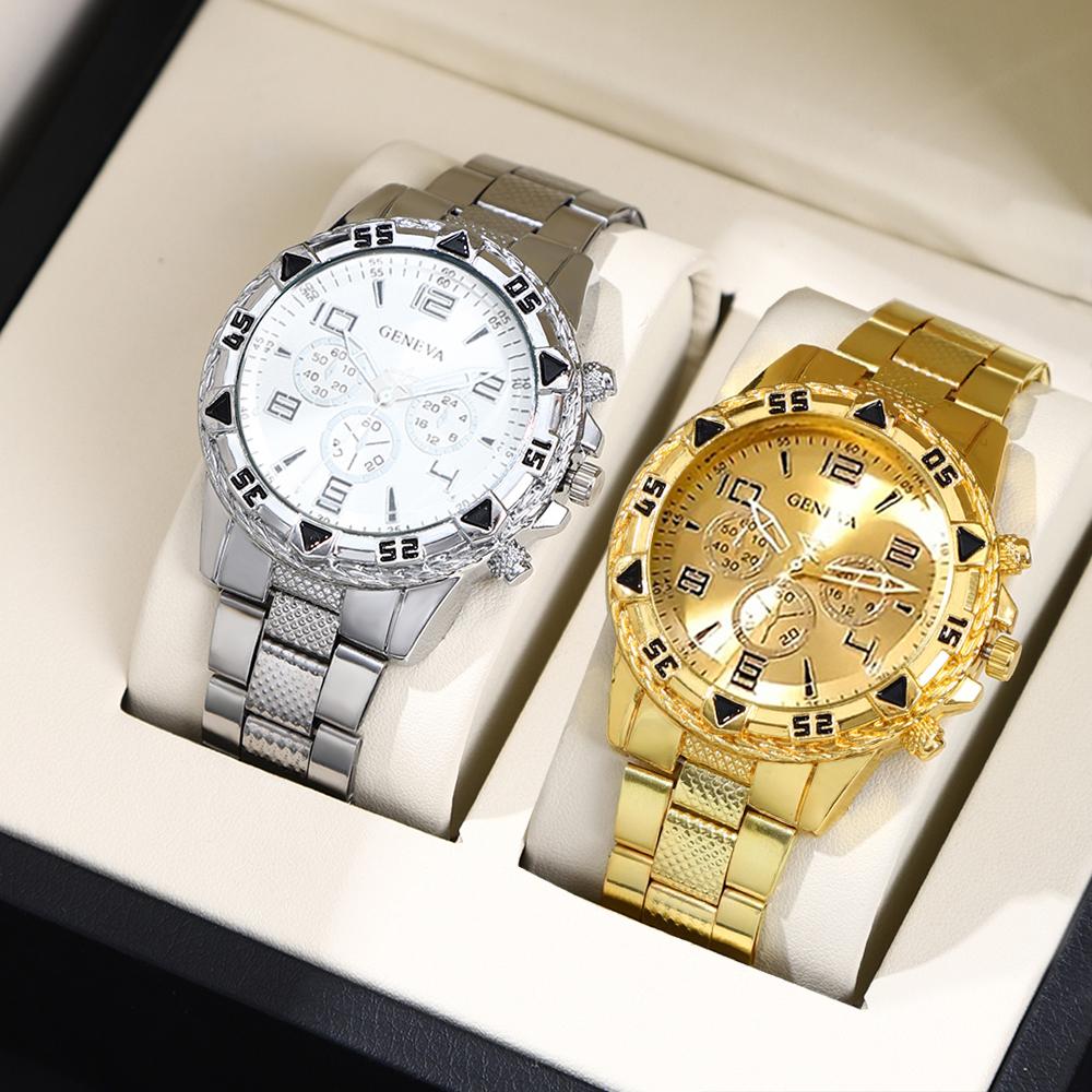 Relojes Casuales de Cuarzo para Hombre de Negocios, Sets Analógicos Dorados y Plateados con Correa de Aleación, Sets de Relojes de Pulsera Clásicos para Hombre, Regalos para Hombres.