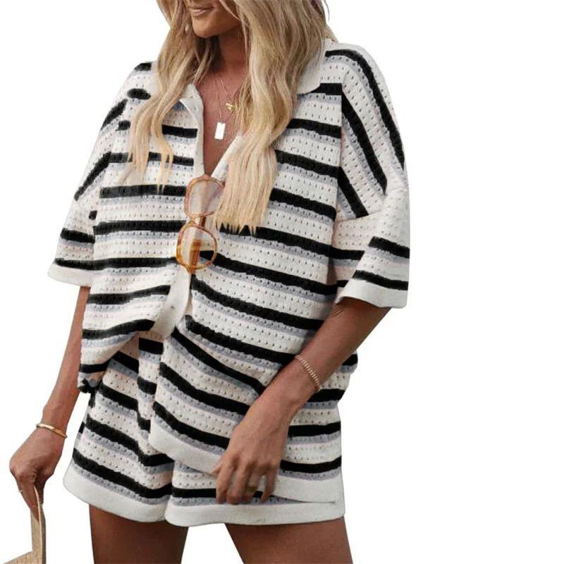 Striped Knit Collar Shirt Shorts Set Stripes Knitted Lapel Shirt Shorts Suit