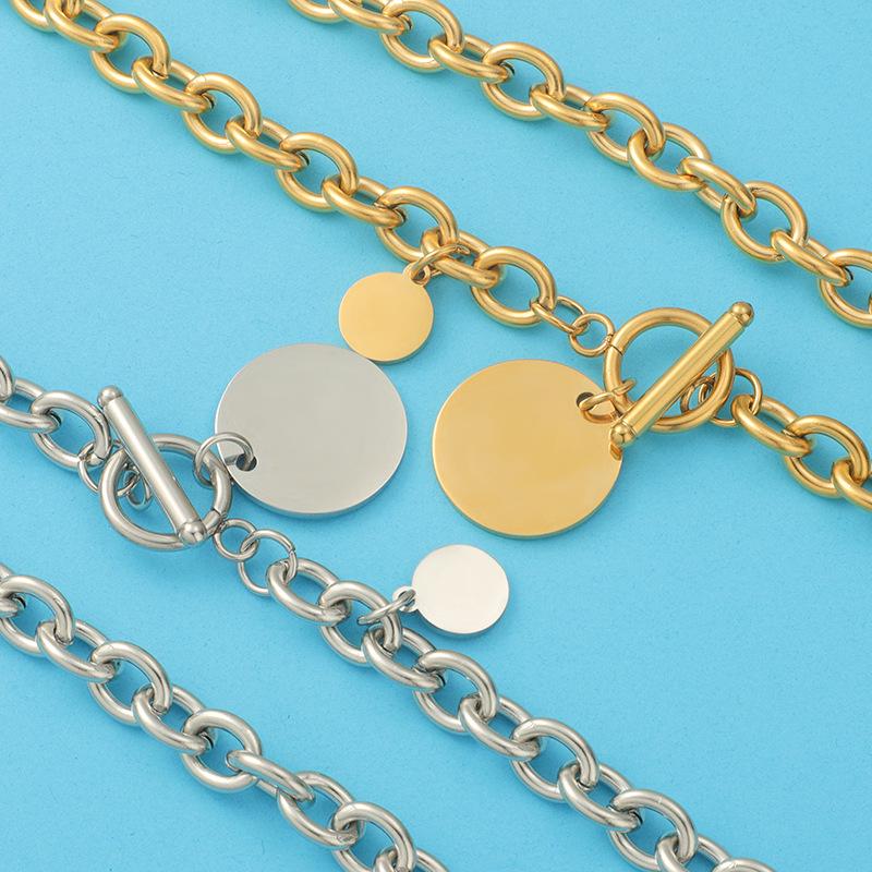 Luxury European & American Style Hip Hop Stainless Steel Chunky Chain Necklace with Round Tag & OT Buckle