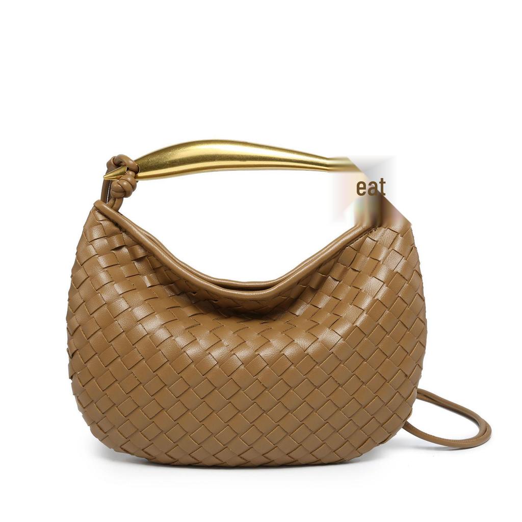 Women's Hand-Woven Crescent Bag with Metal Handle - Sardine Dumpling Style