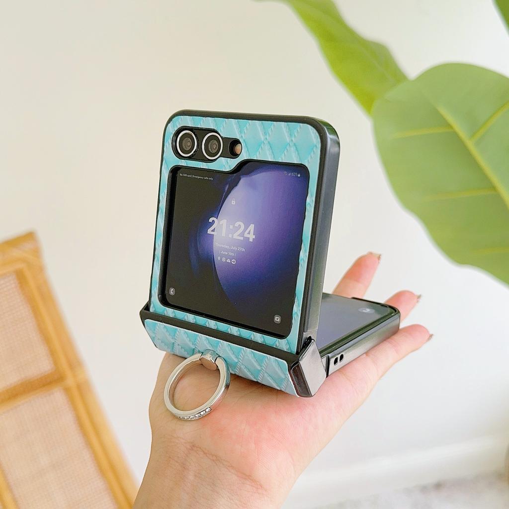 For Samsung Galaxy Z Flip7 FE 5G/Z Flip6 5G Rhombus Imprinted PU Leather Coated PC Phone Cover with Ring Kickstand