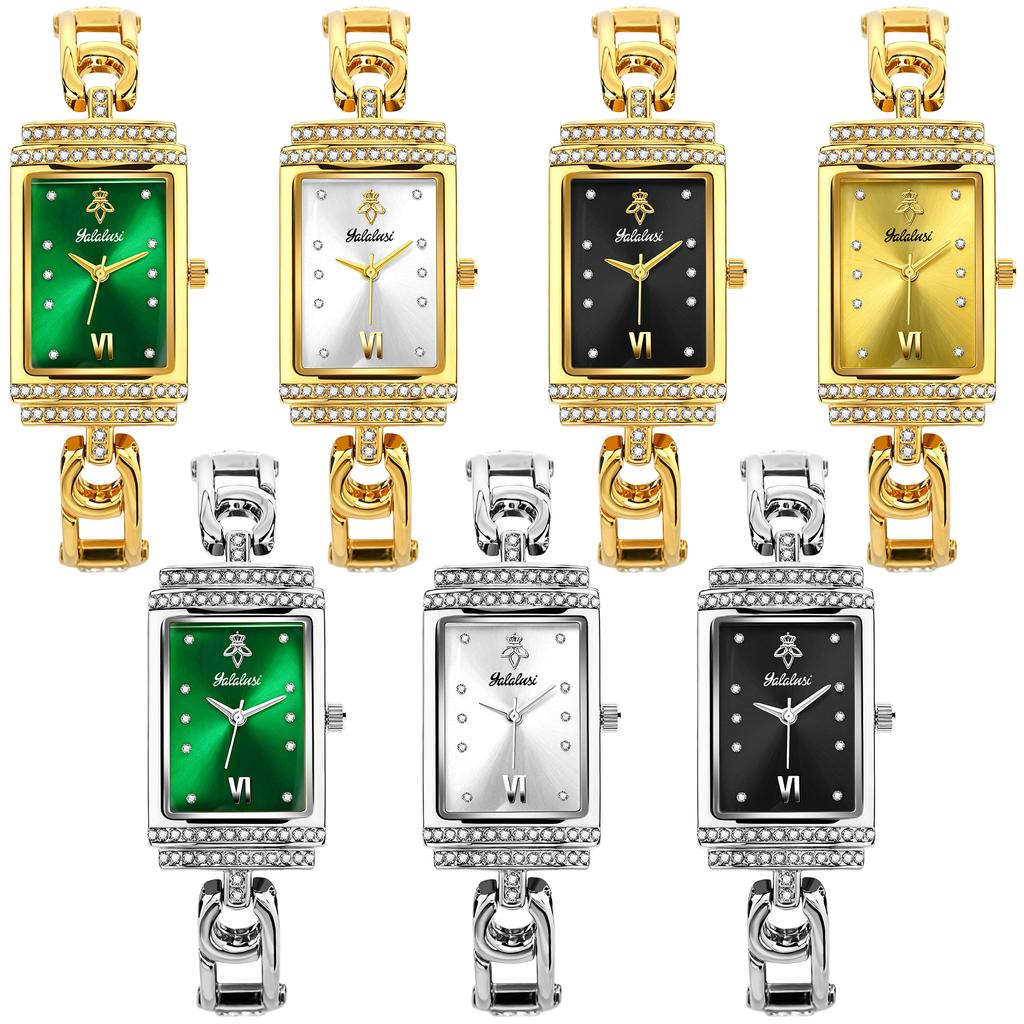 YaLaLuSi Retro Square Green Dial Ladies Watch Gold Rhinestone Chain Strap Waterproof Quartz Dress Watch Luxury Gift for Women