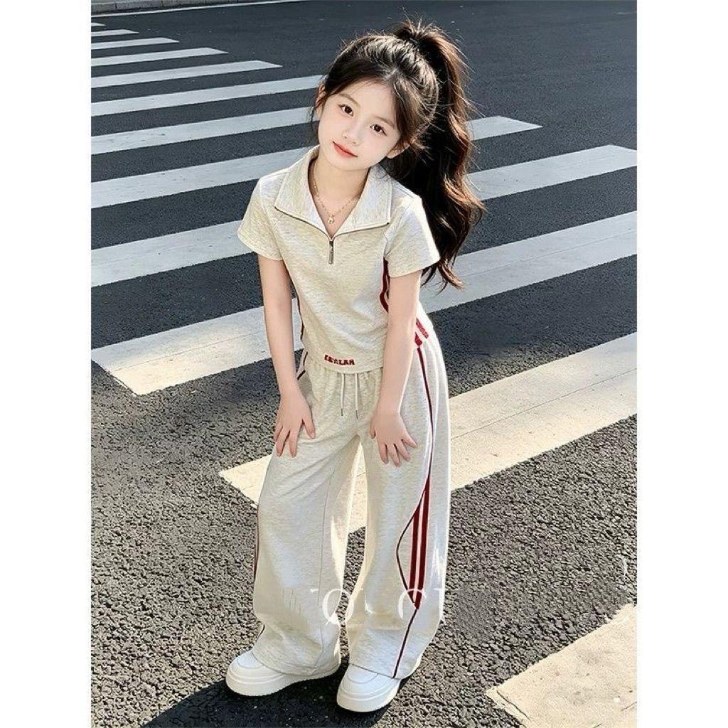 New Summer Girls 2Pcs Outfits Thin Short Sleeve Tops Sports Pants Set Fashion Trendy Casual Kids Two Piece Clothing Suit