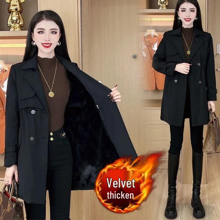 

Женское приталенное пальто-ветровка с флисовой подкладкой - 2024 Осень/Зима Теплое пальто средней длины M