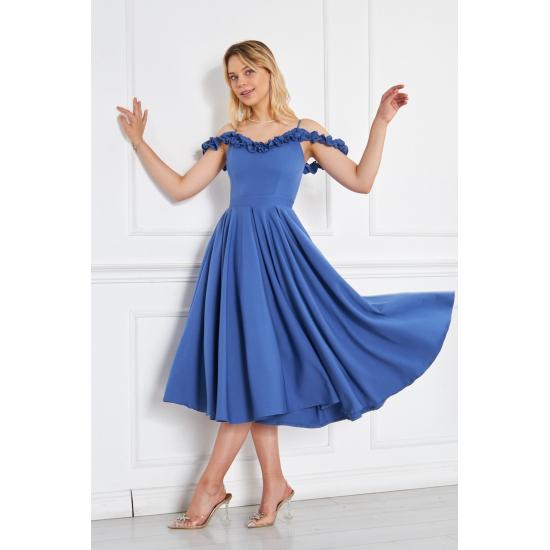 Women's Adjustable Strap Ruffle Detailed Collar Pleated Flared Midi Evening Dress